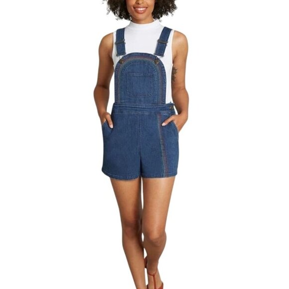 NEW Modcloth Bouncing Over The Rainbow Denim Shortalls w/ 3.5" Inseam, Size 0 - Picture 1 of 15